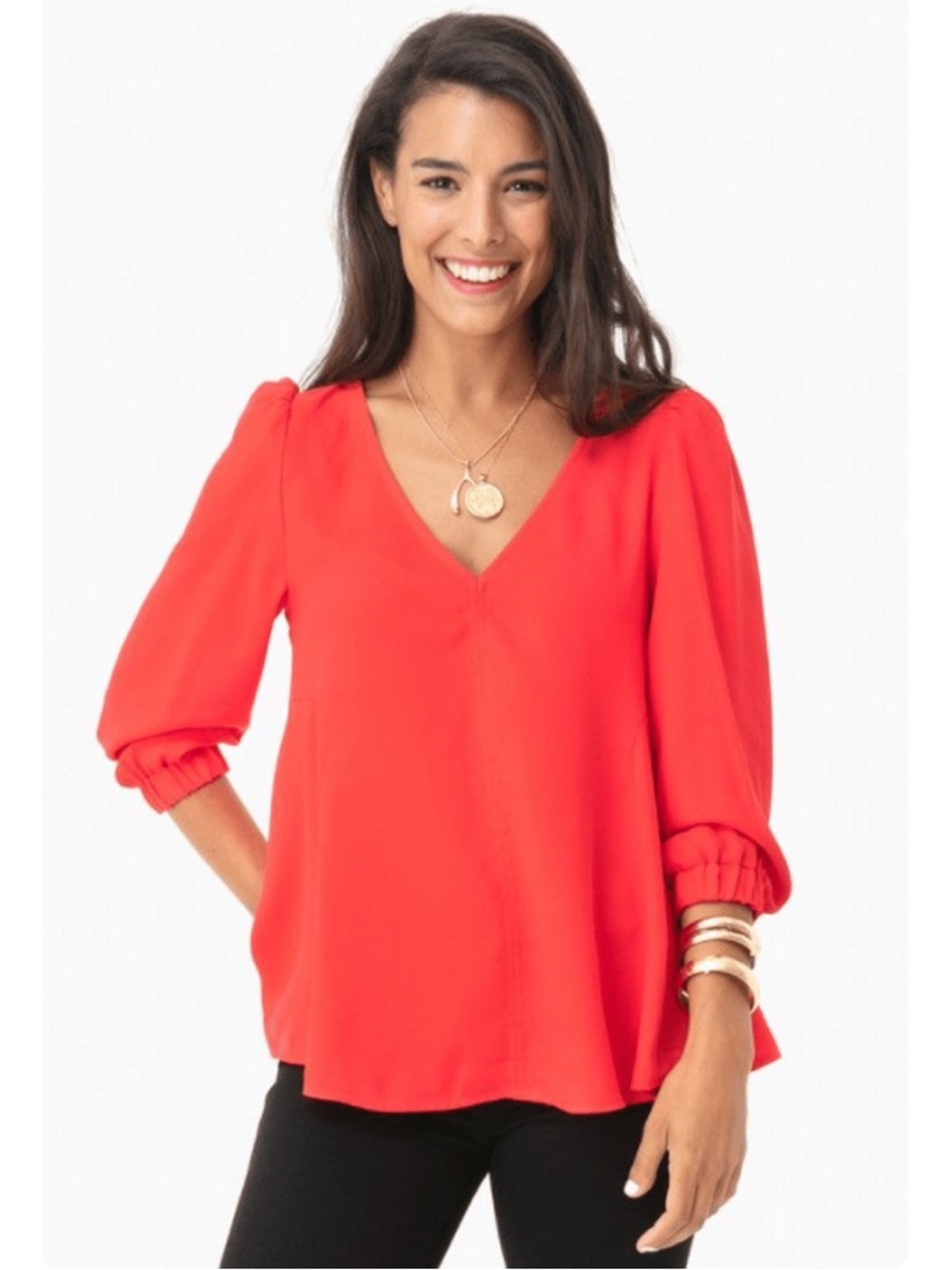 Tuckernuck Hollis Poppy Hot Coral-Red V-Neck Sleek Polished Career Blouse XS